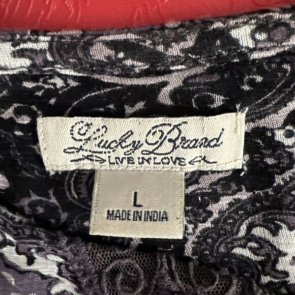 Lucky Brand Black Purple Paisley‎ Lace Tassel Tie Peasant Blouse Size Large - Picture 9 of 13
